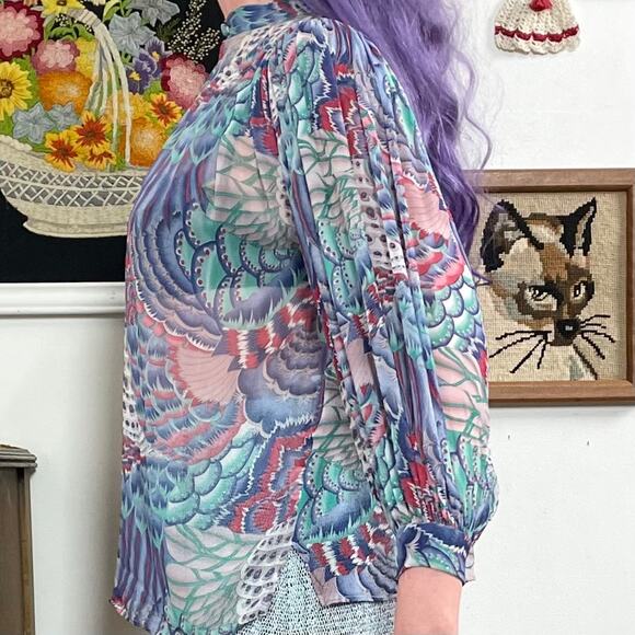 Vintage Bohemian Chiffon Blouse, 1970s Helene Sidel Feather Print Balloon Sleeve - Picture 8 of 10